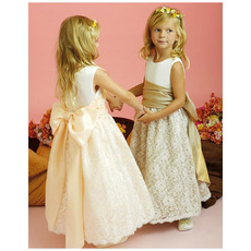 A-line Round Neckline Ankle-length Satin Lace Flower Girl Dresses for Wedding with Big Bowknot
