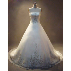 A-Line Strapless Court Train Organza Over Satin Wedding Dress with Beading Embroidered Detail