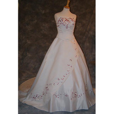 Classic A-Line Strapless Court train Satin Colored Embroider Wedding Dresses