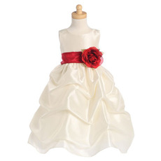 Ball Gown Scoop Tea Length Ruffle Flower Girl Dresses with Floral Sash