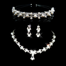 Crystal and Pearl Earring Necklace Tiara Set Wedding Bridal Jewelry Collection