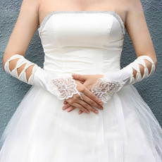 Elastic Satin Elbow Hollow-Out Wedding Gloves with Embroidery