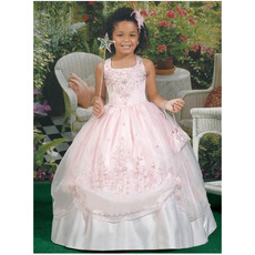 Luxury Beaded Appliques Ball Gown Square Organza Full Length Floral First Communion Dresses