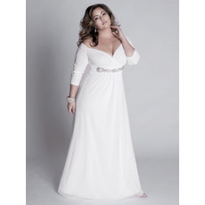 Elegant V-Neck 3/4 length Sleeves Long Chiffon Plus Size Beach Wedding Dresses