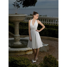 Simple A-Line Halter V-neckline Short Tea-length Chiffon Beach Wedding Dresses with Beaded Waist