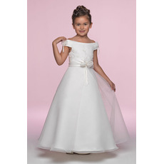 Custom Pretty A-Line Off-the-shoulder Cap Sleeves Ankle Length Satin Organza Embroidery Bow Flower Girl/ First Communion Dresses