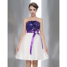 Spring/Summer A-Line Strapless Mini/Short Empire Satin Tulle Bridesmaid Dresses with Belts and Sequined