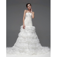 Gorgeous A-Line Strapless Floor Length Satin Organza Tiered Wedding Dresses