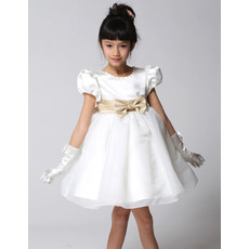 Lovly Custom Ball Gown Round Neck Satin Organza First Communion/ Flower Girl Dresses with Puff Cap Sleeves