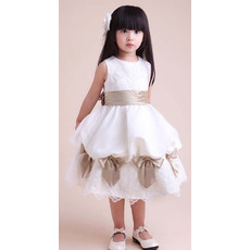 Discount Custom A-Line Round Knee Length Satin Bow Party Flower Girl Dresses with Appliques