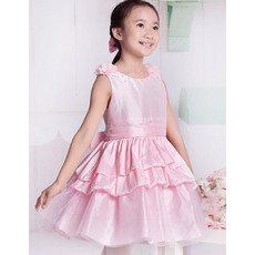Lovely A-Line Round Neck Short Taffeta Tulle Party Flower Girl Dresses with Layered Draped High-Low Skirt