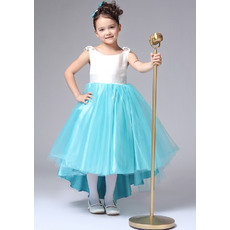 Discount Affordable A-Line Scoop Neck High-low Asymmetric Hem Satin Tulle Color Block Flower Girl Dresses with Bow