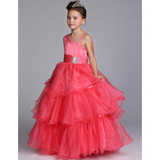 Fashionable Luxury Beaded Ball Gown One Shoulder Floor Length Satin Organza Girls Party Dresses with Ruched Tiered Skirt