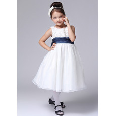Discount A-Line Round Knee Length Organza Over Satin Flower Girl Dresses With Floral Lace Bodice