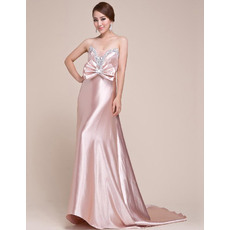 Shimmering Crystal Beading Sweetheart Silk-Like Satin Evening Party Dresses with Big Bow