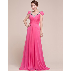 Vintage-inspired and Romantic Beaded Embellished V-neck Chiffon Evening Dresses with Cap Sleeves