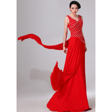 Stunning V-neck Floor Length Chiffon Evening Party Dresses wtih Beading Embellished Bodice