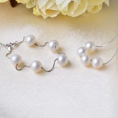 White 8mm Freshwater Round Bridal Pearl Bracelet and Necklace Set