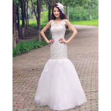 Romantic Garden Trumpet Scoop Neck Lace Tulle Full Length Wedding Dresses with Crystal Detailing