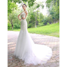 Gorgeous Crystal Beading Mermaid Sweetheart Court Train Satin Tulle Wedding Dresses