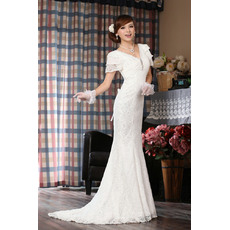 Modern Mermaid Tiered Cap Sleeves V-Neck Lace Wedding Dresses with Pleated Bust