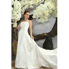 Luxury Beading Embroidery Strapless A-Line Court Train Satin Wedding Dresses