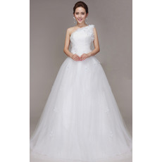 Romantic One Shoulder Flower Strap Sweep Train Tulle Wedding Dresses with Crystal Detail