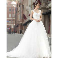 Romantic Beading Appliques Wide Straps Ball Gown Tulle Wedding Dresses