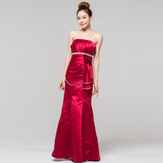 Unique Ruched Strapless Sleeveless Satin Formal Evening Dresses with Crystal Detail
