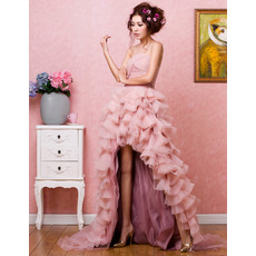 Glamorous Strapless A-Line Tulle Formal Evening Dresses wth High-Low Skirt