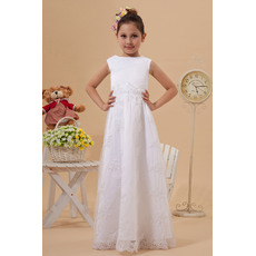 Couture Bateau Neckline Floor Length White First Communion Dresses with Appliques Tulle Skirt
