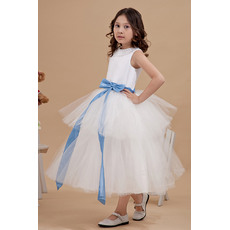 Inexpensive Ball Gown Beaded Bateau Neck Tiered Tulle Satin Tea Length Flower Girl Dresses with Sashes