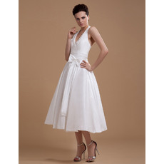 Fabulous Beaded Halter Neck Tea Length Wedding Dresses with Shirred Detail Waist
