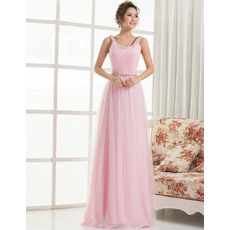 Sweep Floor Length Pleated Tulle Evening Dresses with Beaded Neck and Waist