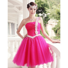 Wholesale One Shoulder Short Tulle Homecoming Party Dresses with Crystal Beading Detail