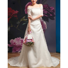 Simple and Elegant Off-the-shoulder Lace Satin Wedding Dresses with Half Sleeves