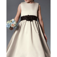 Discount A-Line Long Length Shirred Skirt Satin Flower Girl Dresses with Sashes and Bows