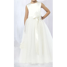 Discount Smiple A-line Full Length Tulle First Communion Flower Girl Dresses with Hand-made Flowers