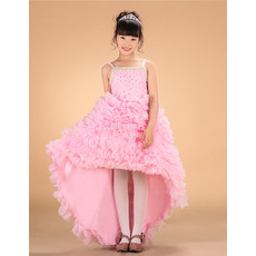 Gorgeous Pink A-line Beaded Straps High-Low Asymmetric Hem Ruffle Little Girls Party Dresses with Beadings/ Flower Girl Dresses