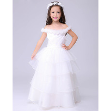 Perfect Ball Gown Handmade Flowers Off-the-shoulder Long Length Layered Skirt White Organza First Communion Dresses