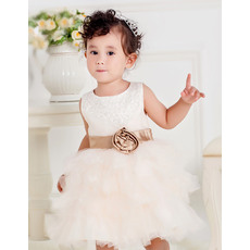 Cute Ball Gown Round Tulle Bubble Skirt Flower Girl Communion Dresses with Beaded and Flower Waistband