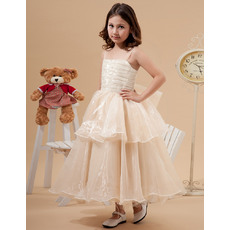Discount Pretty Ball Gown Spaghetti Straps Tea Length Layered Skirt Organza Little Girls Party Dresses with Ruching