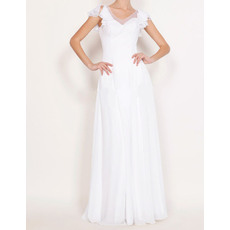 Classic Sheath V-Neck Full Length Chiffon Wedding Dresses with Ruffled Cap Sleeves