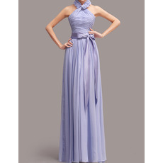 Lovely Halter Long Pleated Chiffon Bridesmaid Dresses with 3D-flowers Neck