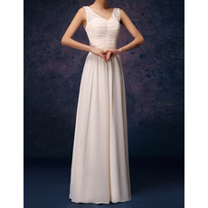 Elegant Column V-Neck Long Pleated Lace Chiffon Bridesmaid Dresses