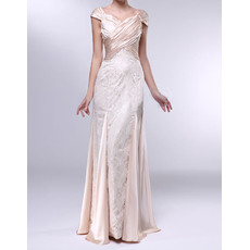 Discount Cap Sleeves Lace and Elastic Woven Satin Evening Dresses with Godet Hem