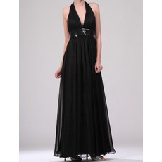 Inexpensive Halter Deep V-neck Black Pleated Chiffon Evening Dresses with Sequined Waist