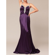 Shimmering Crystal Beading Spaghetti Straps Matte Satin Prom Party Dresses