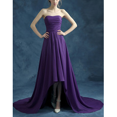 Simple Strapless Court Train Pleated Chiffon Evening Party Dresses with High-Low Skirt