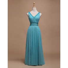 Sweet A-Line V-Neck Sleeveless Pleated Tulle Evening Dresses with Beaded Neck and Waist